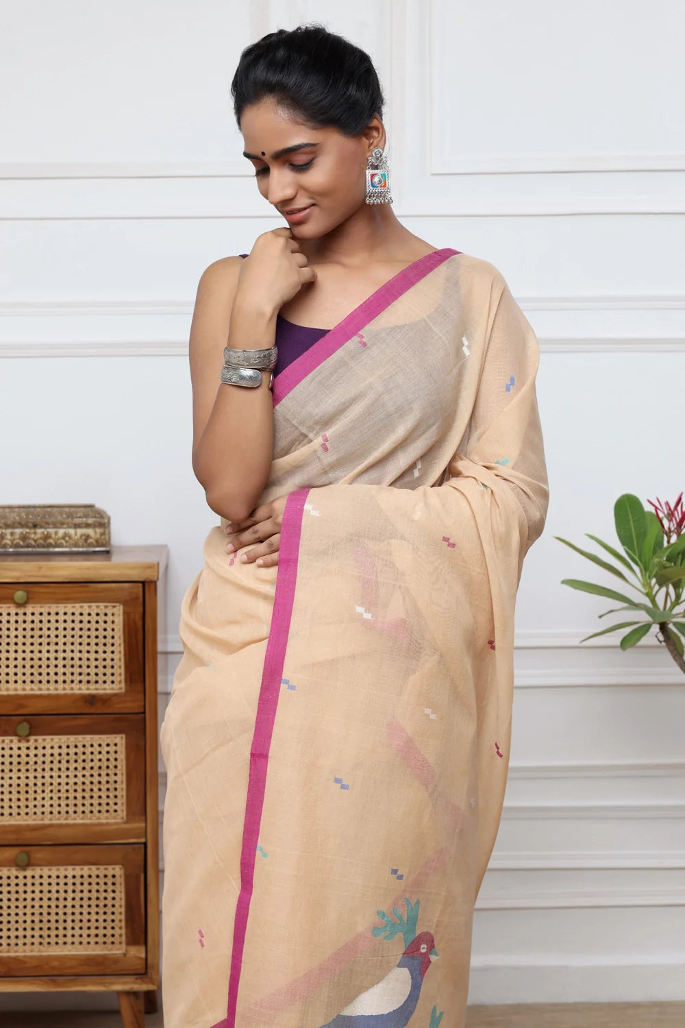 Handloom Tan Brown Soft Cotton Jamdani Saree with Multi Colour Bird Motifs