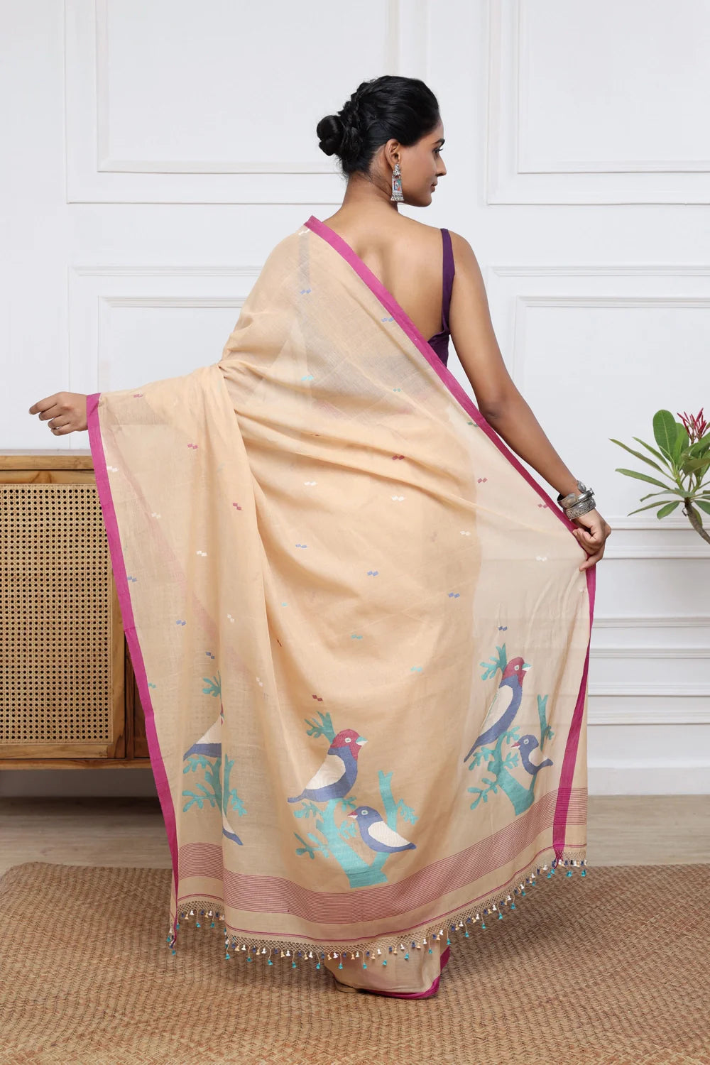 Handloom Tan Brown Soft Cotton Jamdani Saree with Multi Colour Bird Motifs