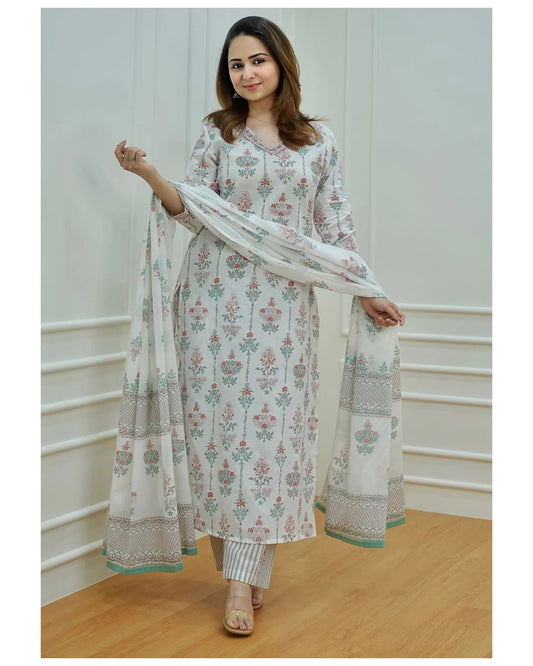 Deepa Women White Printed Viscose Rayon Kurta And Pant Set