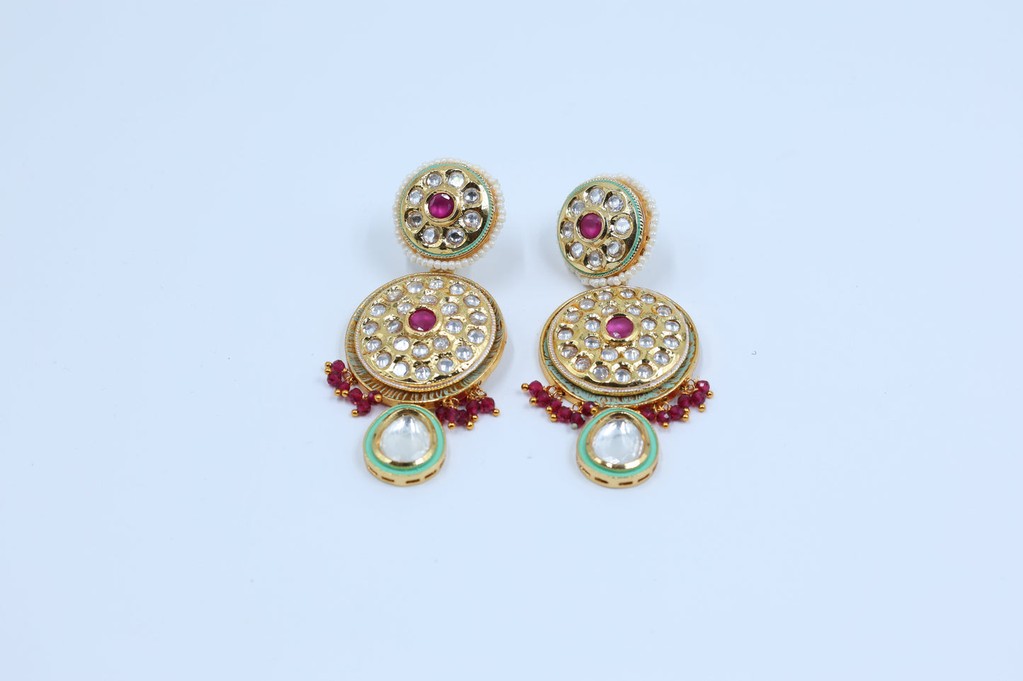 Kundan Pink and Green Pearl Earrings