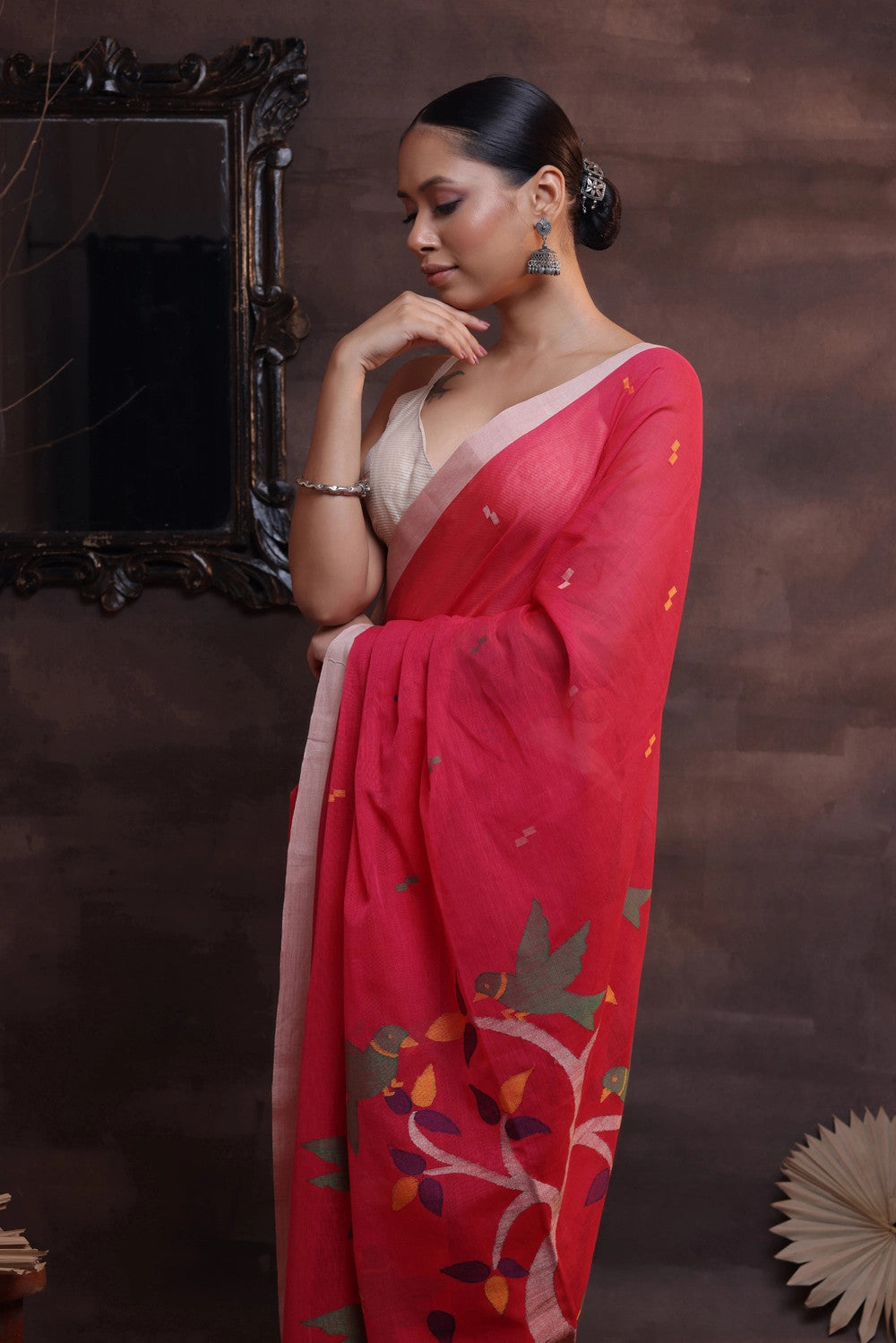 Handloom Magenta Soft Cotton Jamdani with Beige border