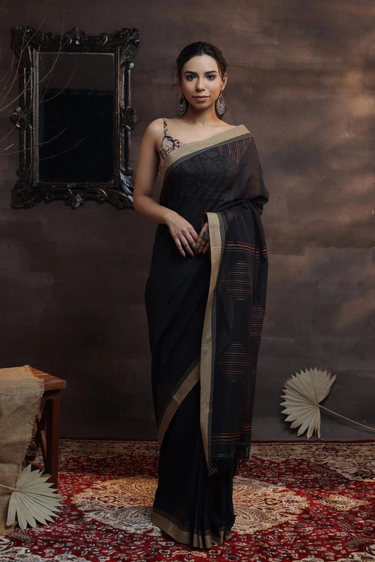 Handloom black soft cotton saree with Beige border