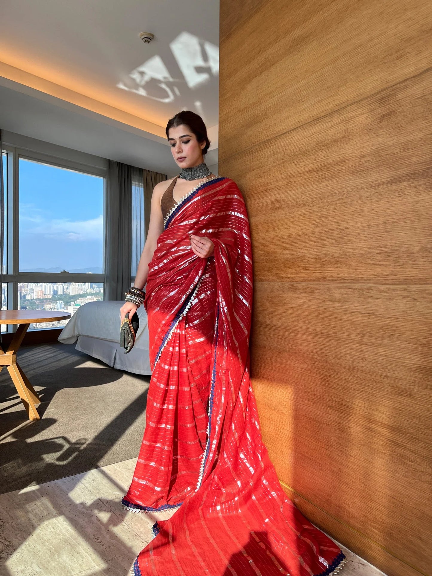 Red Tohfa Mulmul Saree