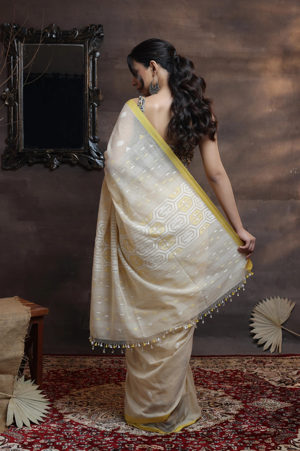 Handloom Beige soft cotton Jamdani with Lemon border