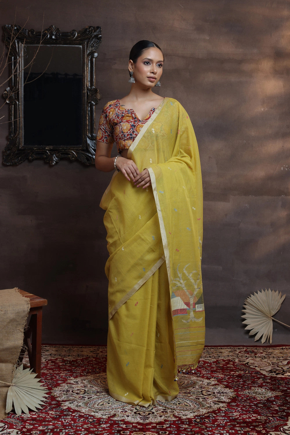 Handloom Dark Yellow soft cotton Jamdani with Beige border