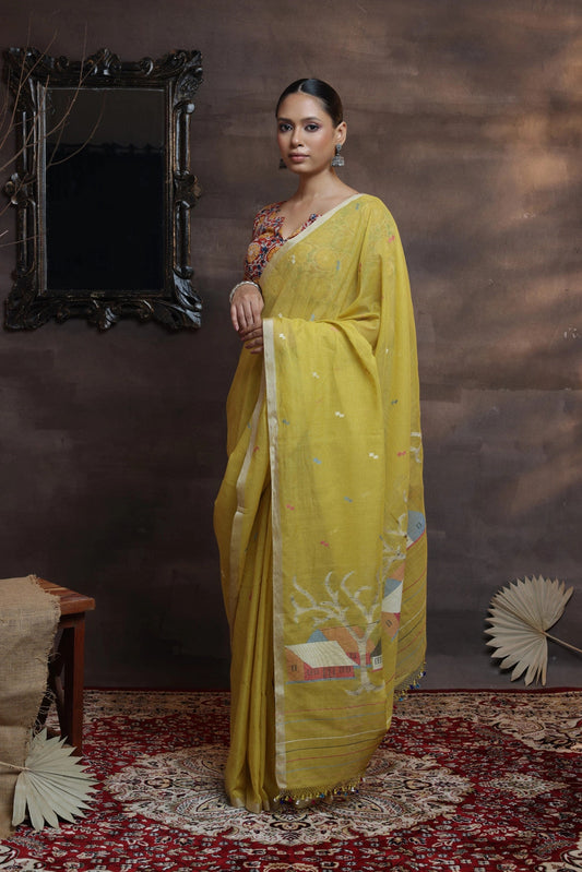 Handloom Dark Yellow soft cotton Jamdani with Beige border