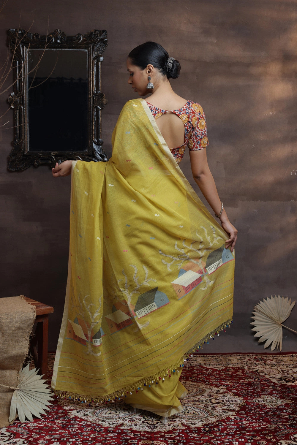 Handloom Dark Yellow soft cotton Jamdani with Beige border