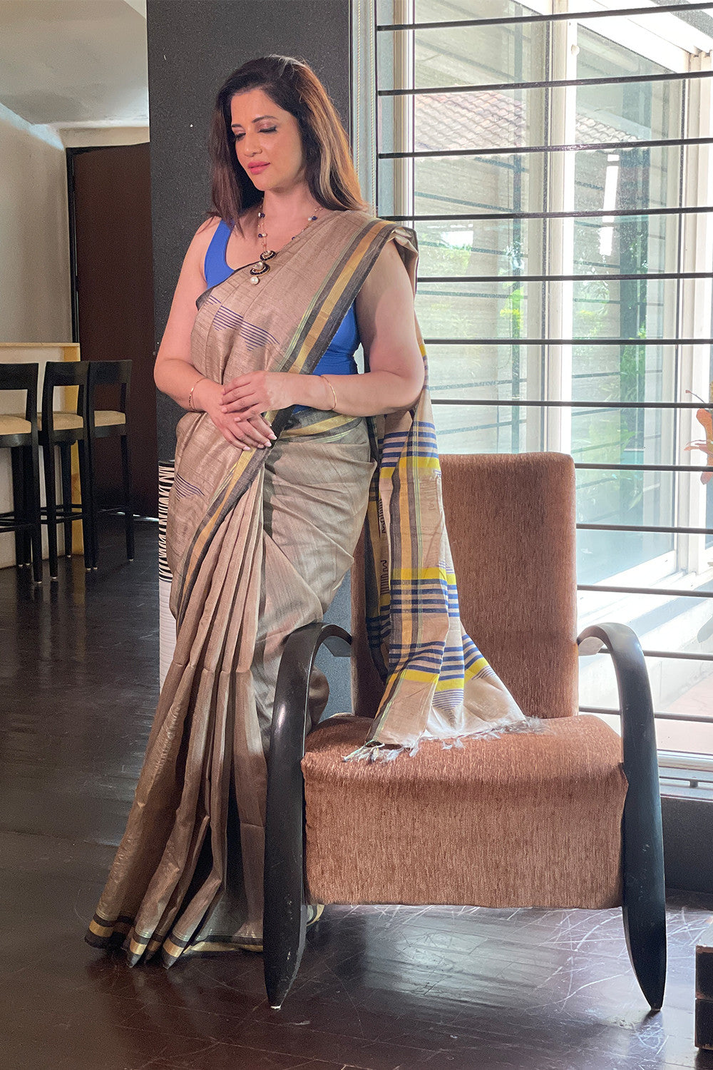 Handloom Bhaglpur Beige Pure Silk Saree With Woven Navy Blue Motifs