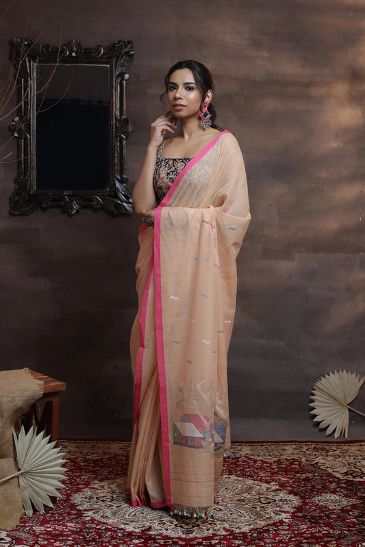 Handloom Peach soft cotton Jamdani with Pink border