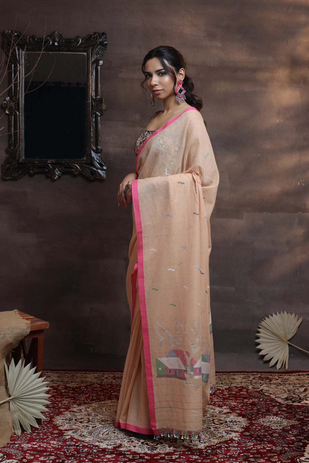 Handloom Peach Soft Cotton Jamdani With Pink Border