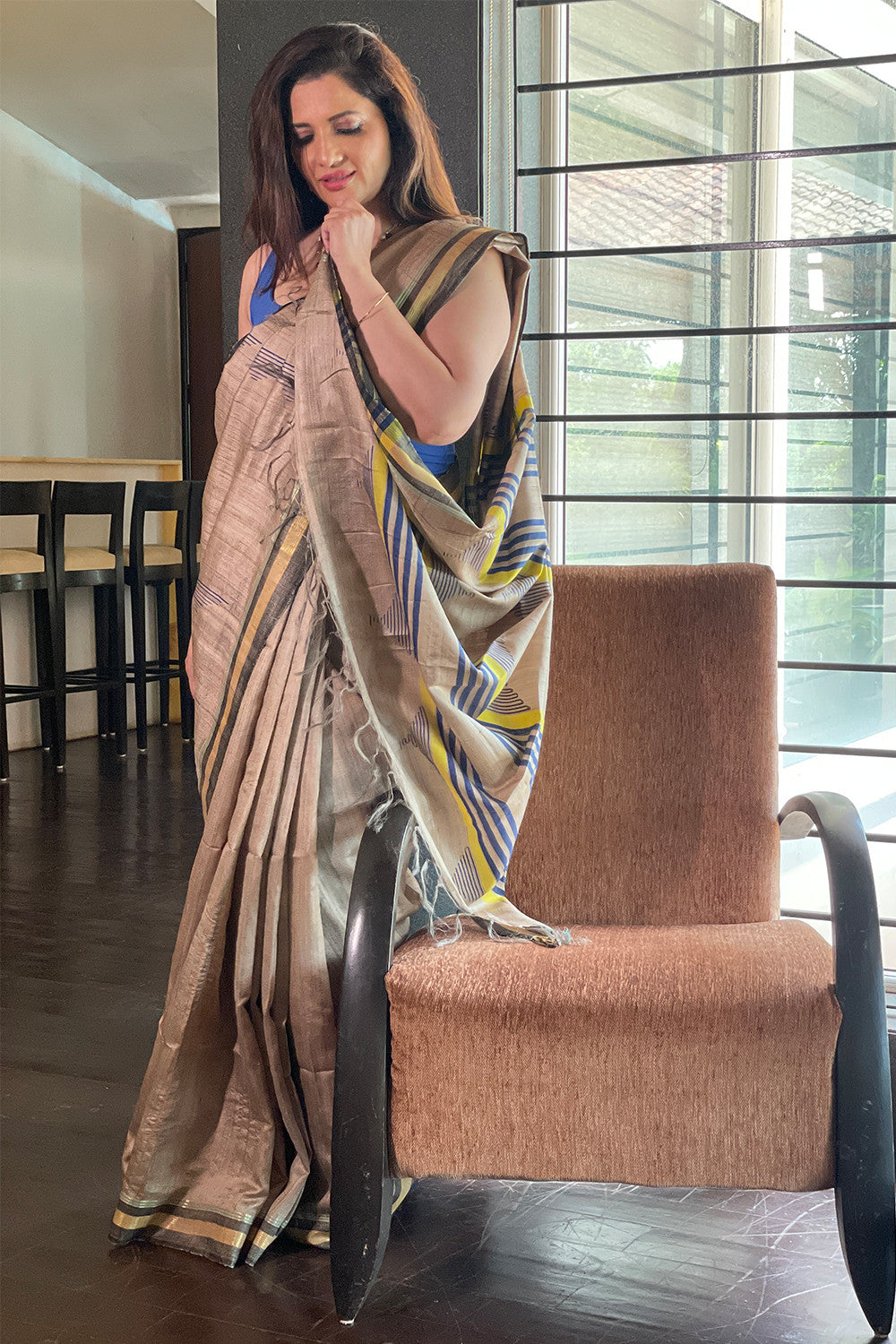 Handloom Bhaglpur Beige Pure Silk Saree With Woven Navy Blue Motifs