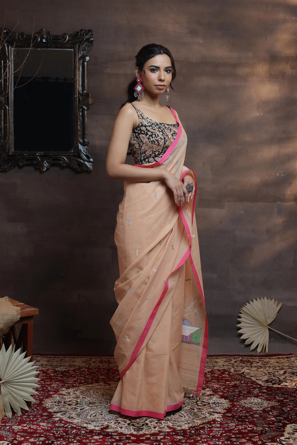 Handloom Peach Soft Cotton Jamdani With Pink Border