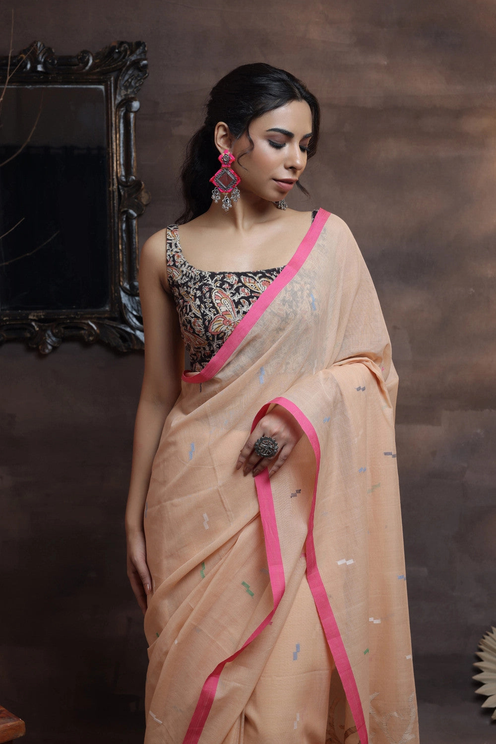 Handloom Peach Soft Cotton Jamdani With Pink Border