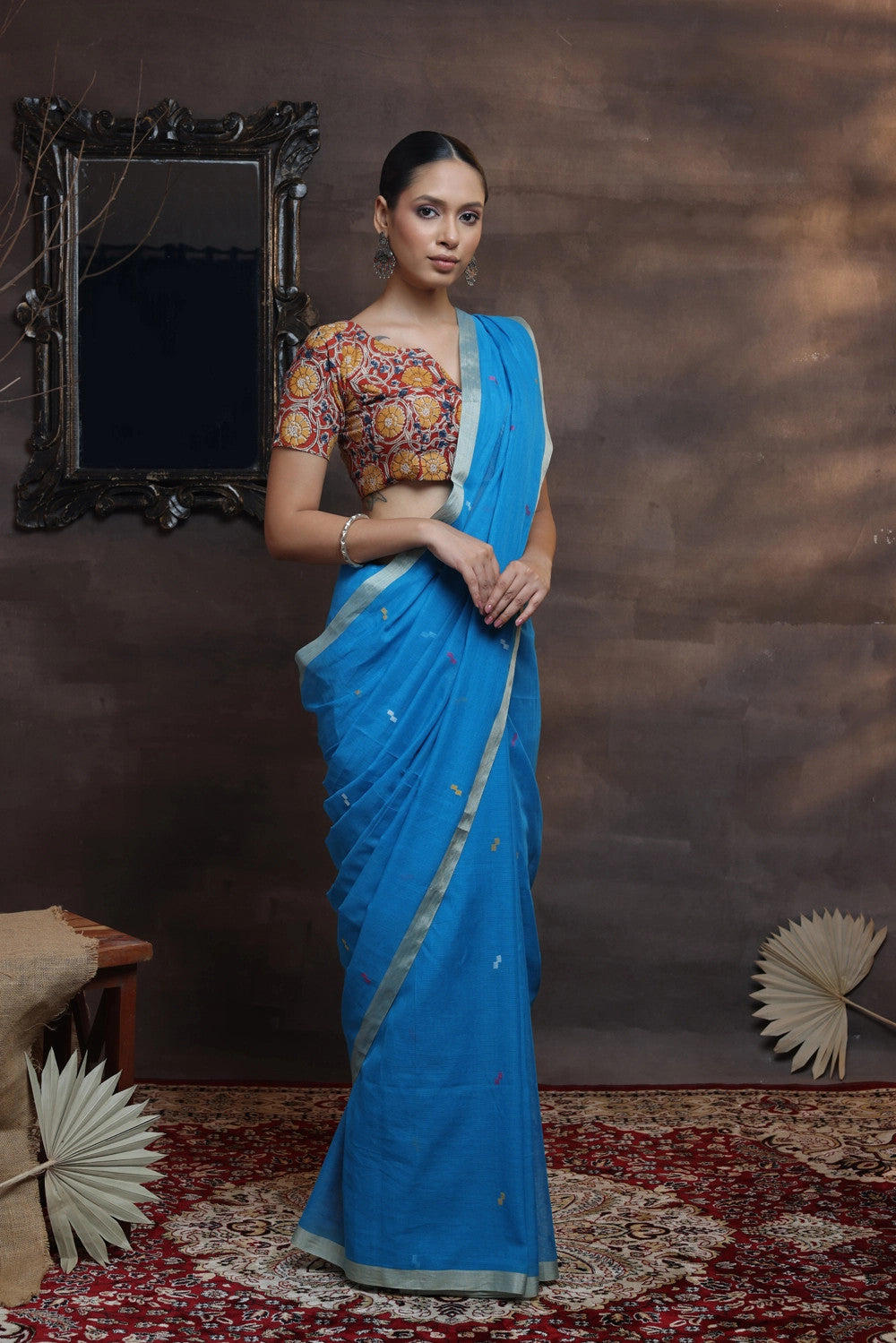 Handloom Blue Soft Cotton Jamdani With Beige Border