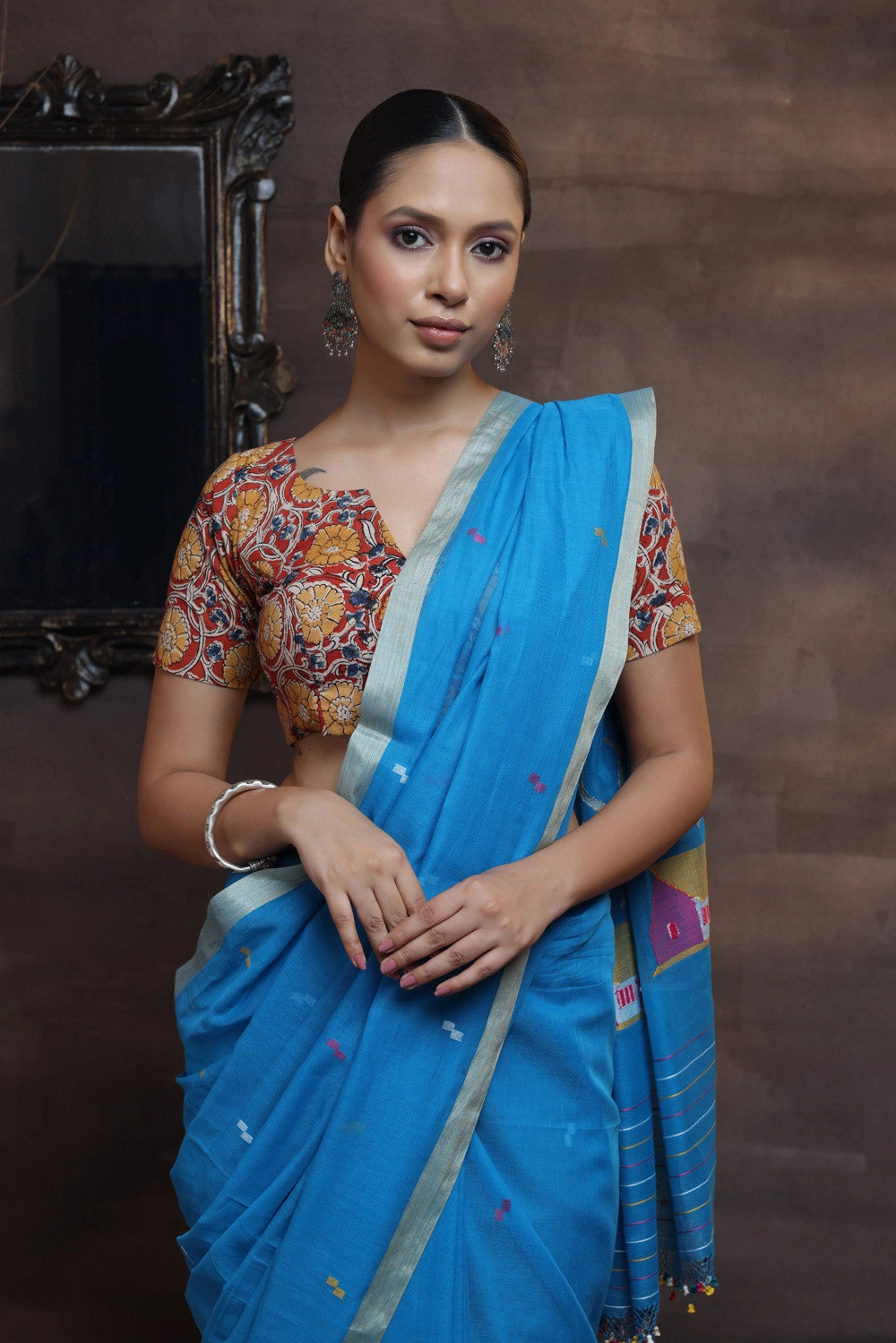 Handloom Blue Soft Cotton Jamdani With Beige Border