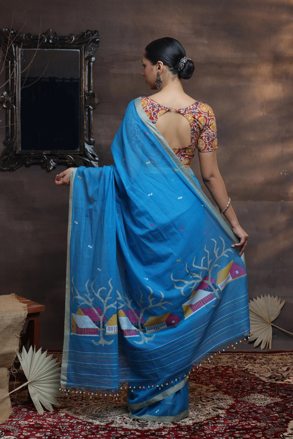 Handloom Blue Soft Cotton Jamdani With Beige Border