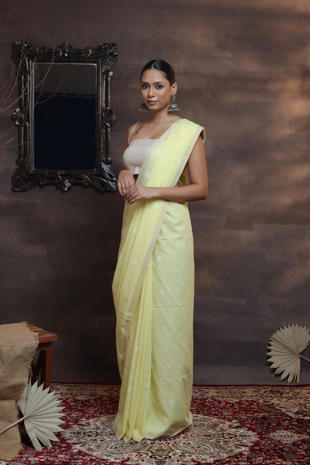 Handloom Lemon Soft Cotton Jamdani