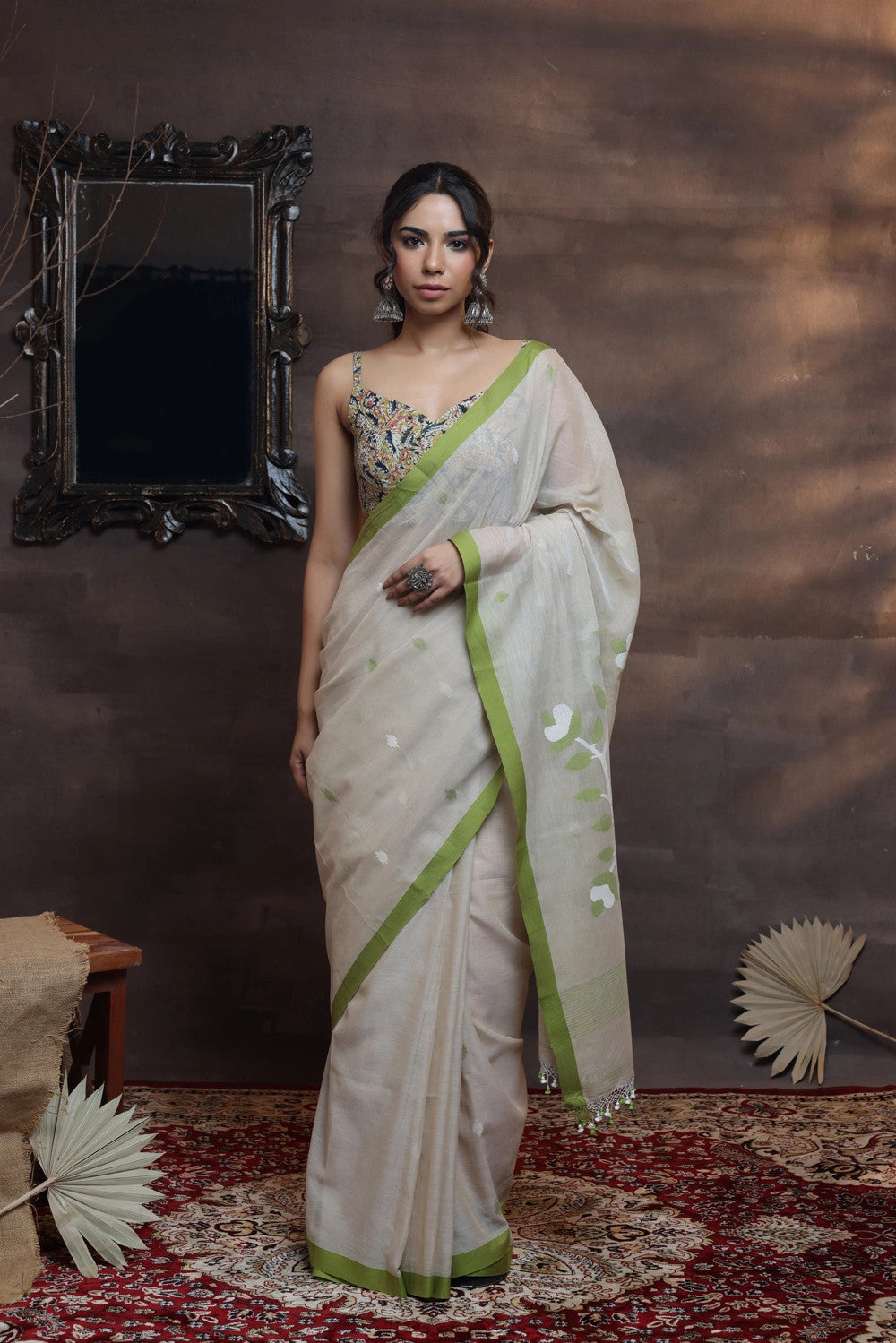 Handloom beige soft cotton Jamdani