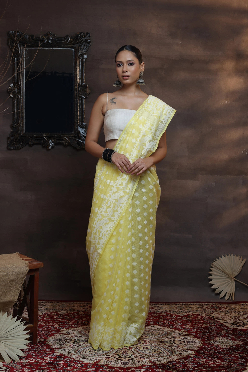 Handloom Lemon soft cotton traditional Jamdani