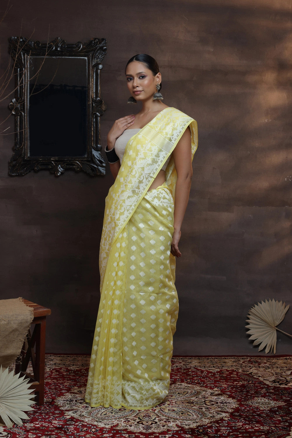 Handloom Lemon soft cotton traditional Jamdani