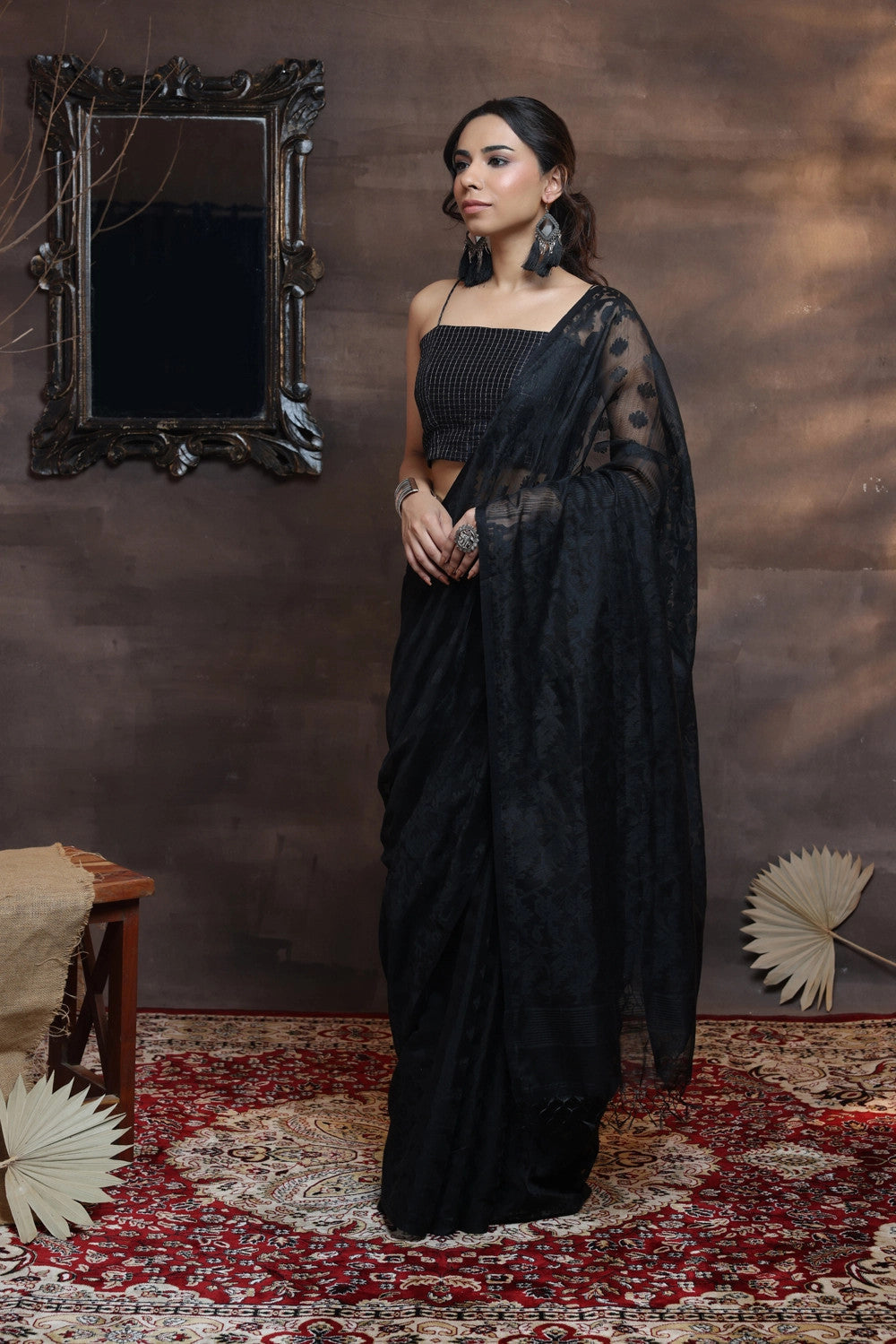 Handloom Soft Cotton Black Traditional Jamdani Saree