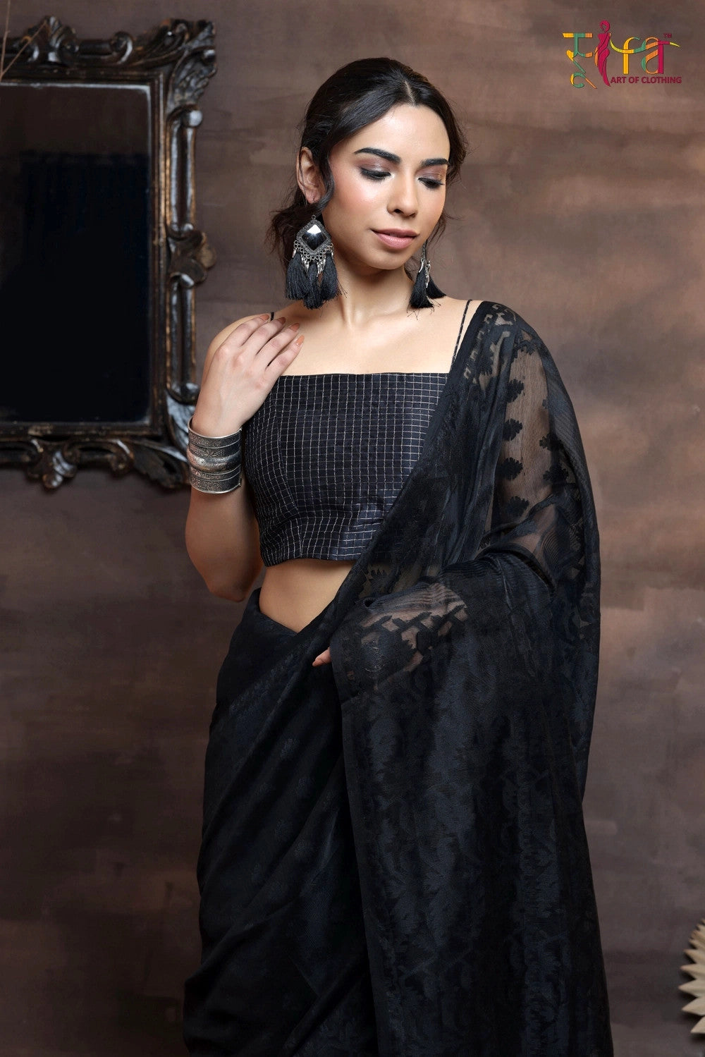 Handloom Soft Cotton Black Traditional Jamdani Saree