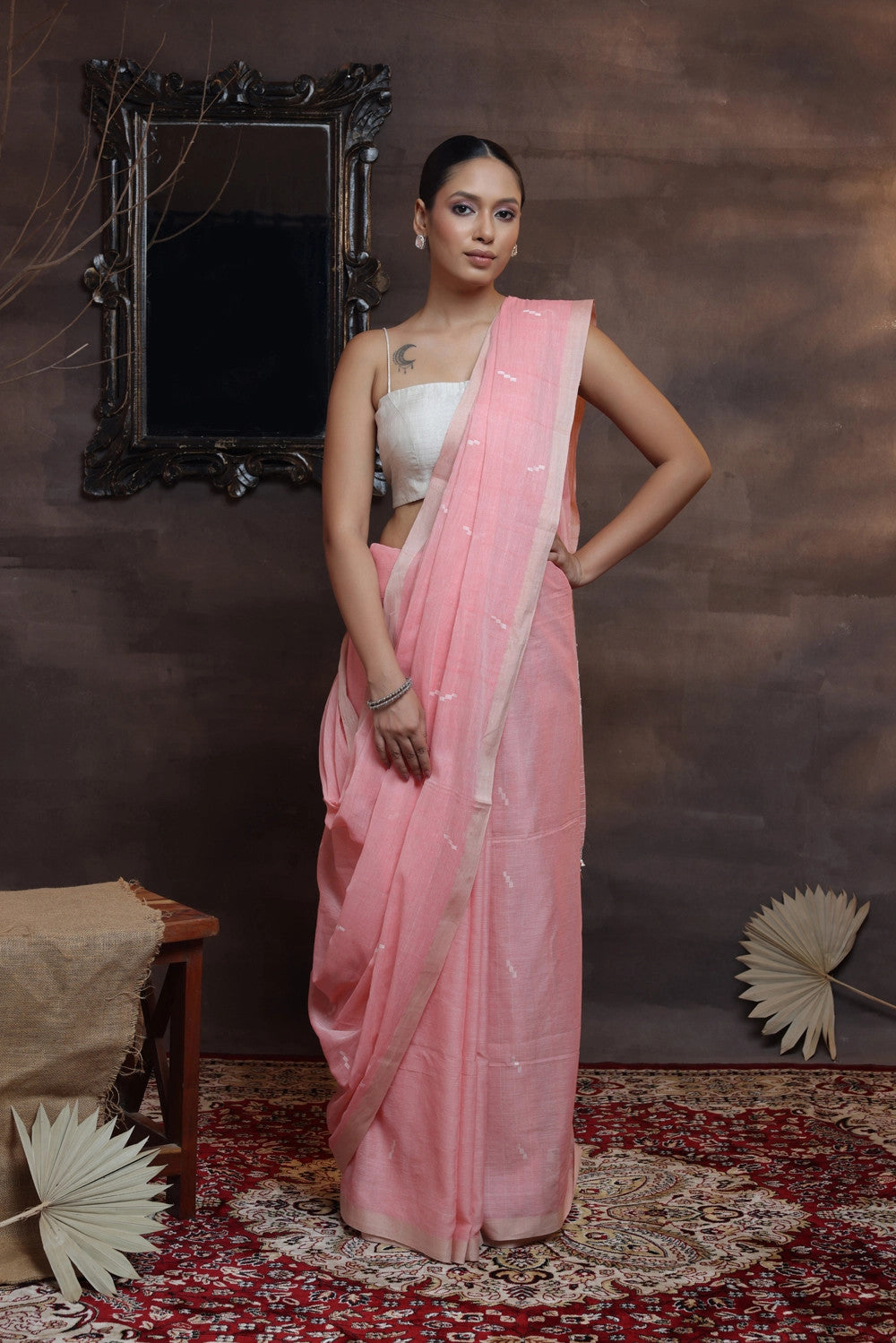 Handloom Pastel Soft Cotton Jamdani With Beige Border