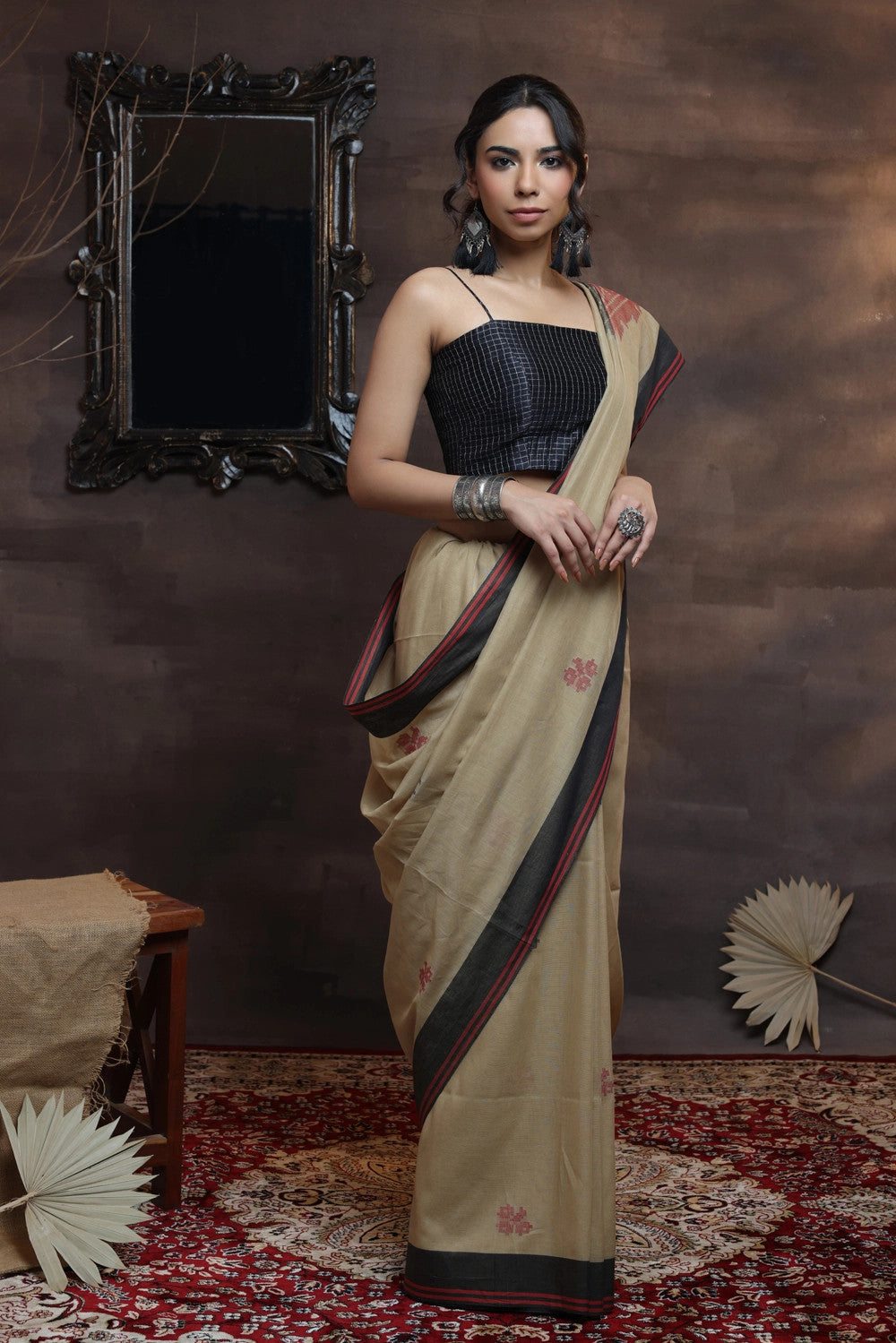 Handloom Soft Cotton Brown Saree