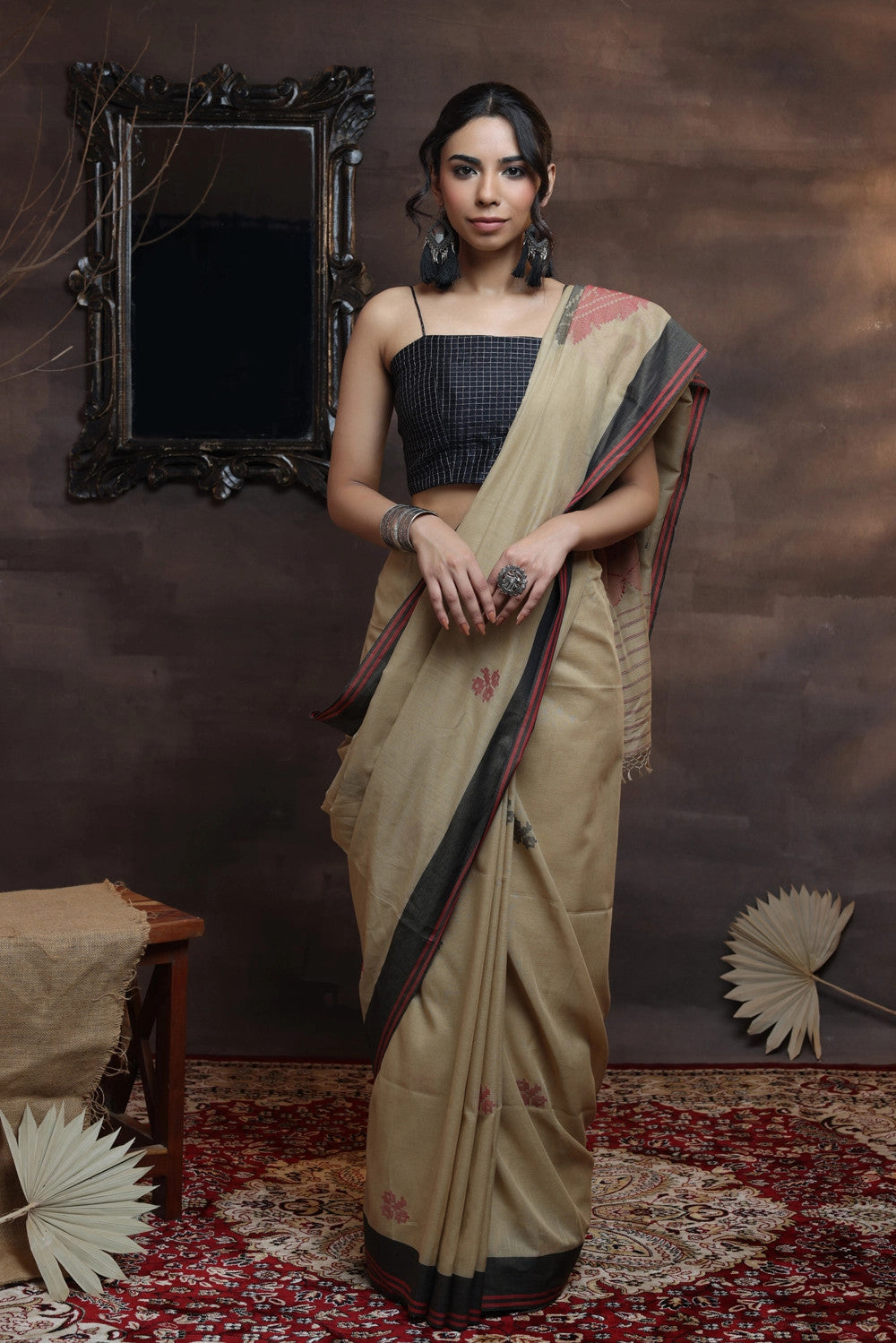 Handloom Soft Cotton Brown Saree