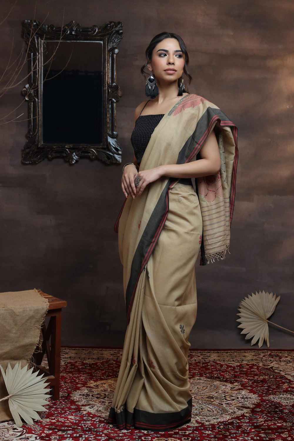 Handloom Soft Cotton Brown Saree