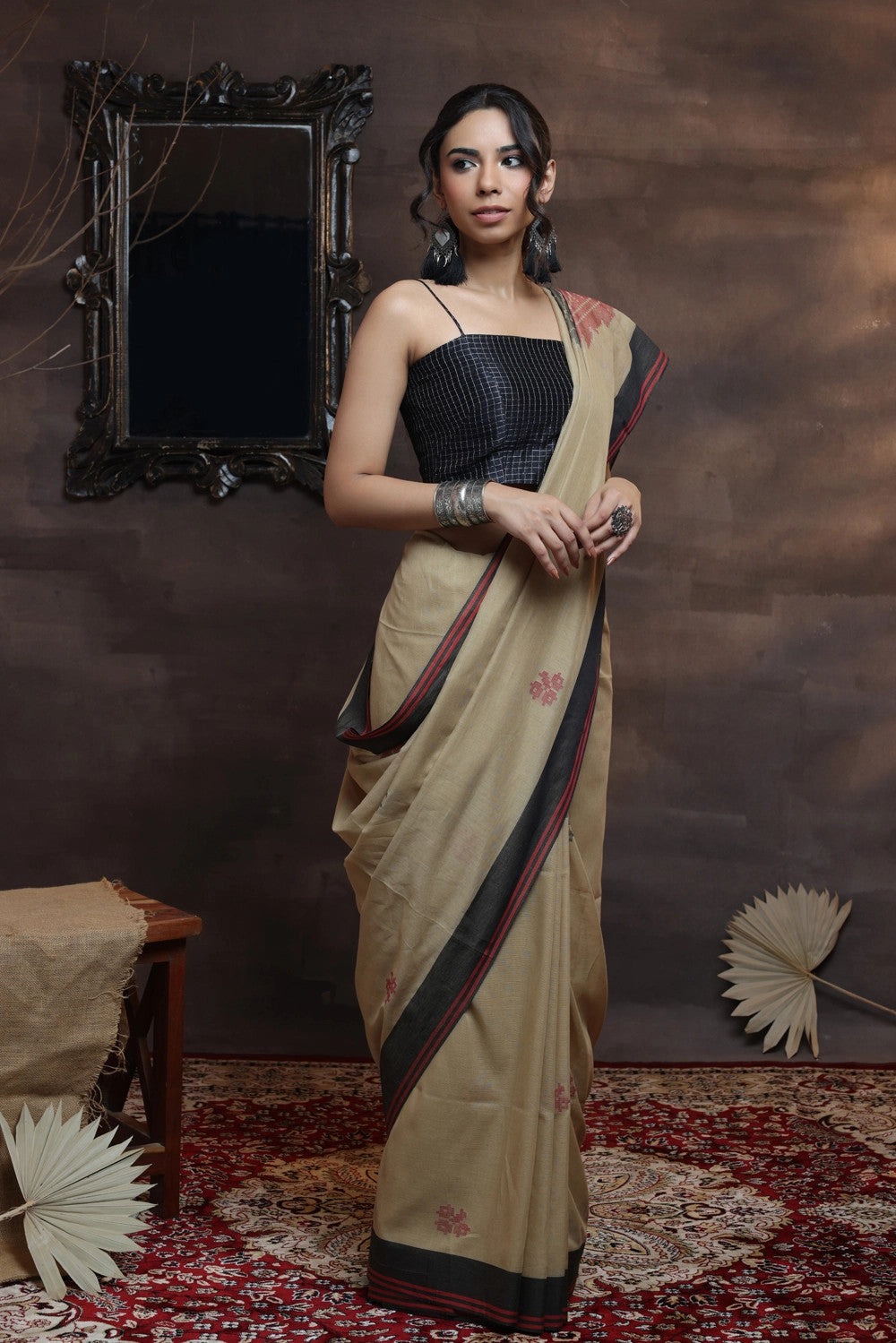 Handloom Soft Cotton Brown Saree