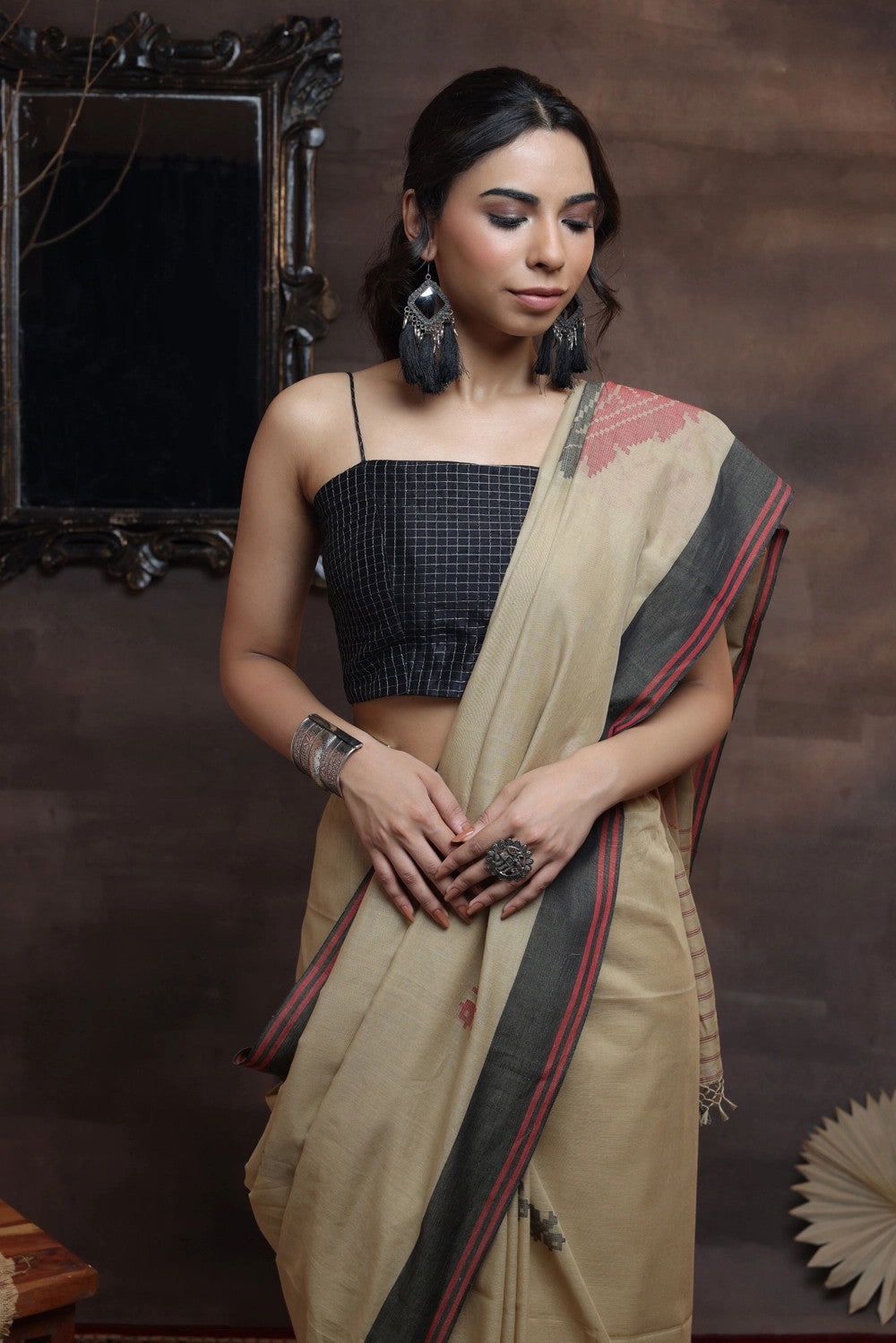 Handloom Soft Cotton Brown Saree