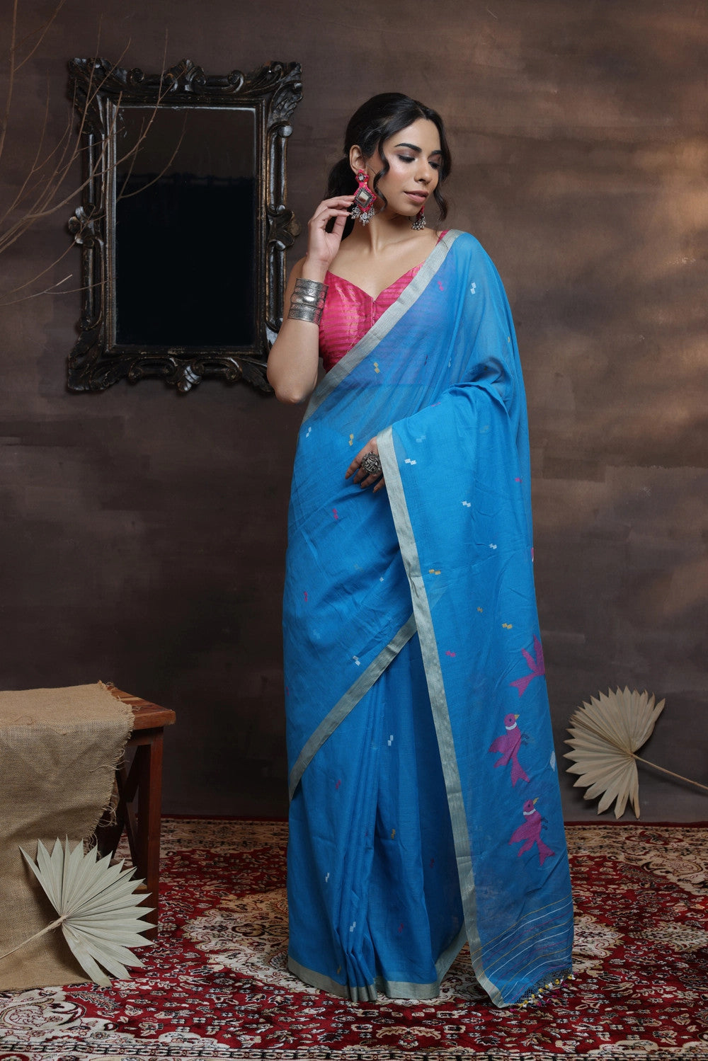 Handloom Blue Soft Cotton Jamdani