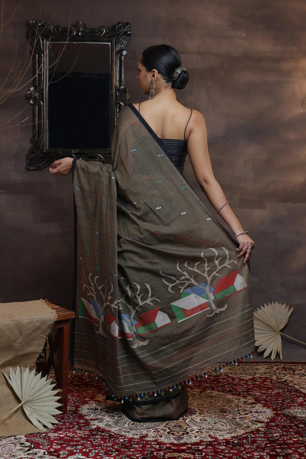 Brown Soft Cotton Jamdani With Multi Colour Woven Motifs