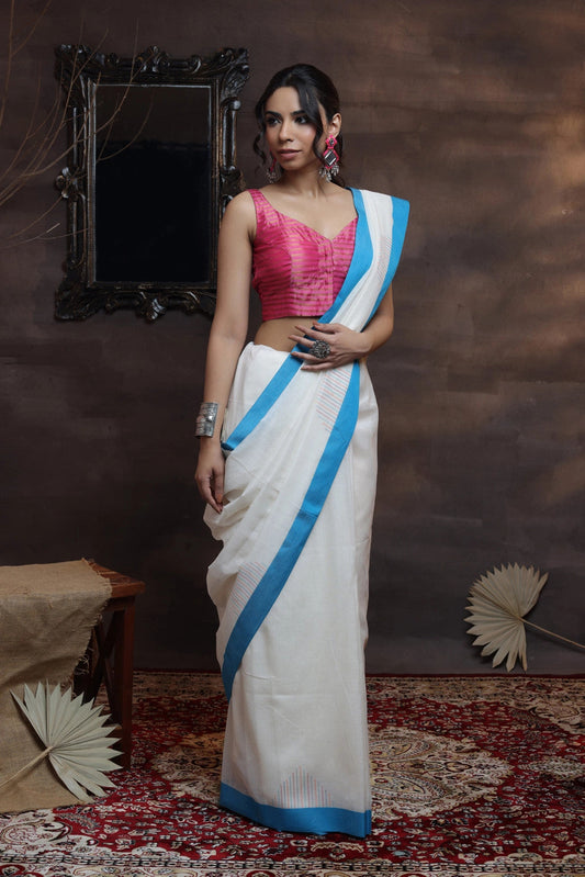 Handloom white soft cotton saree with blue border