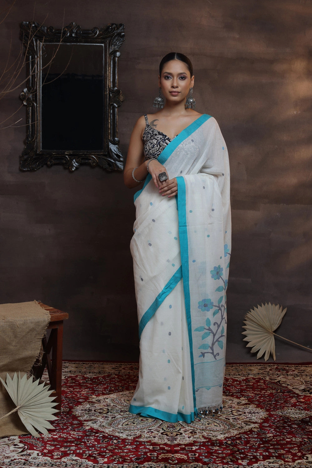 White Soft Cotton Handloom Jamdani Saree With Blue Floral Motifs