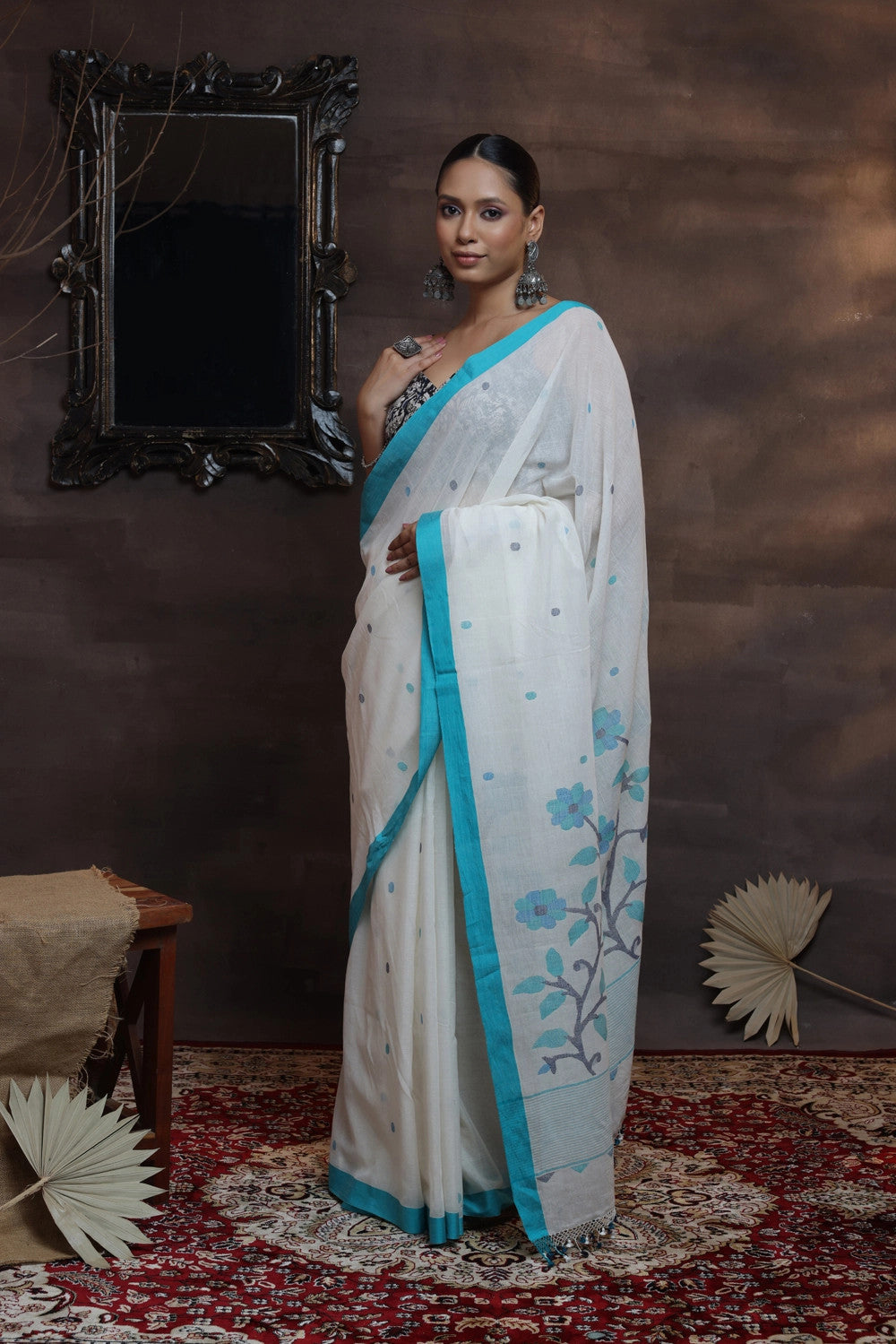 White Soft Cotton Handloom Jamdani Saree With Blue Floral Motifs