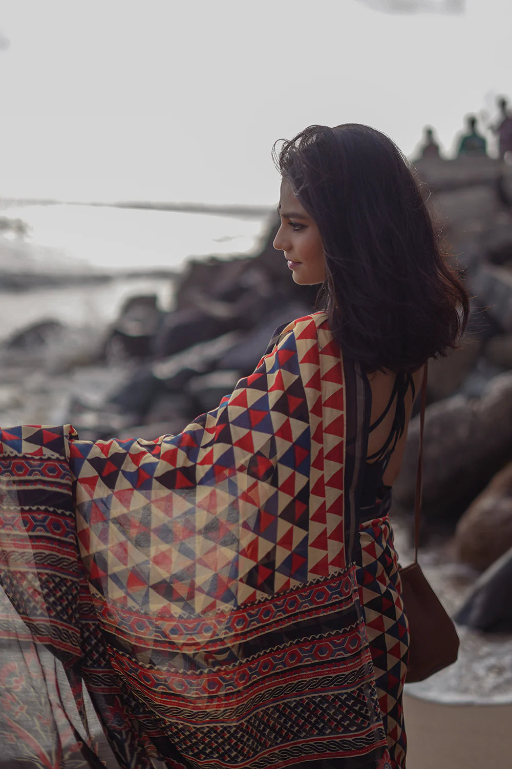 Handloom Black & Red  Triangular Block Print Chanderi Cotton Saree