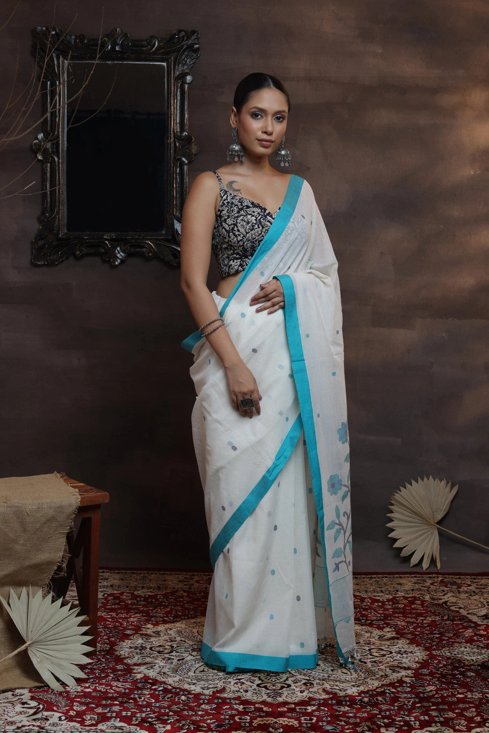 White Soft Cotton Handloom Jamdani Saree With Blue Floral Motifs