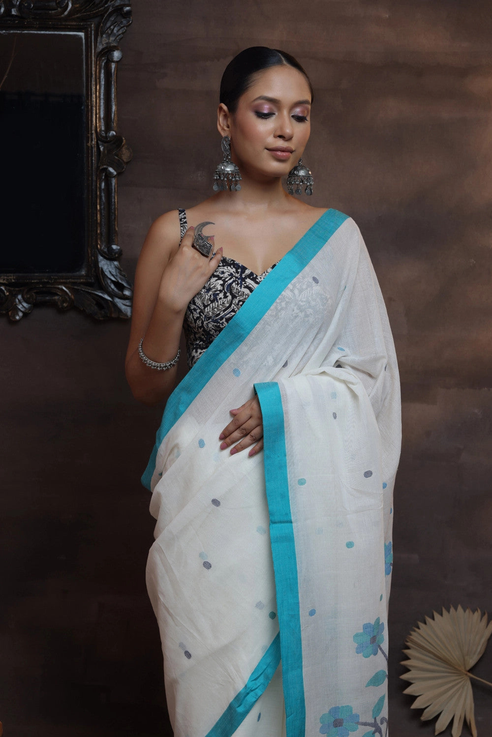 White Soft Cotton Handloom Jamdani Saree With Blue Floral Motifs