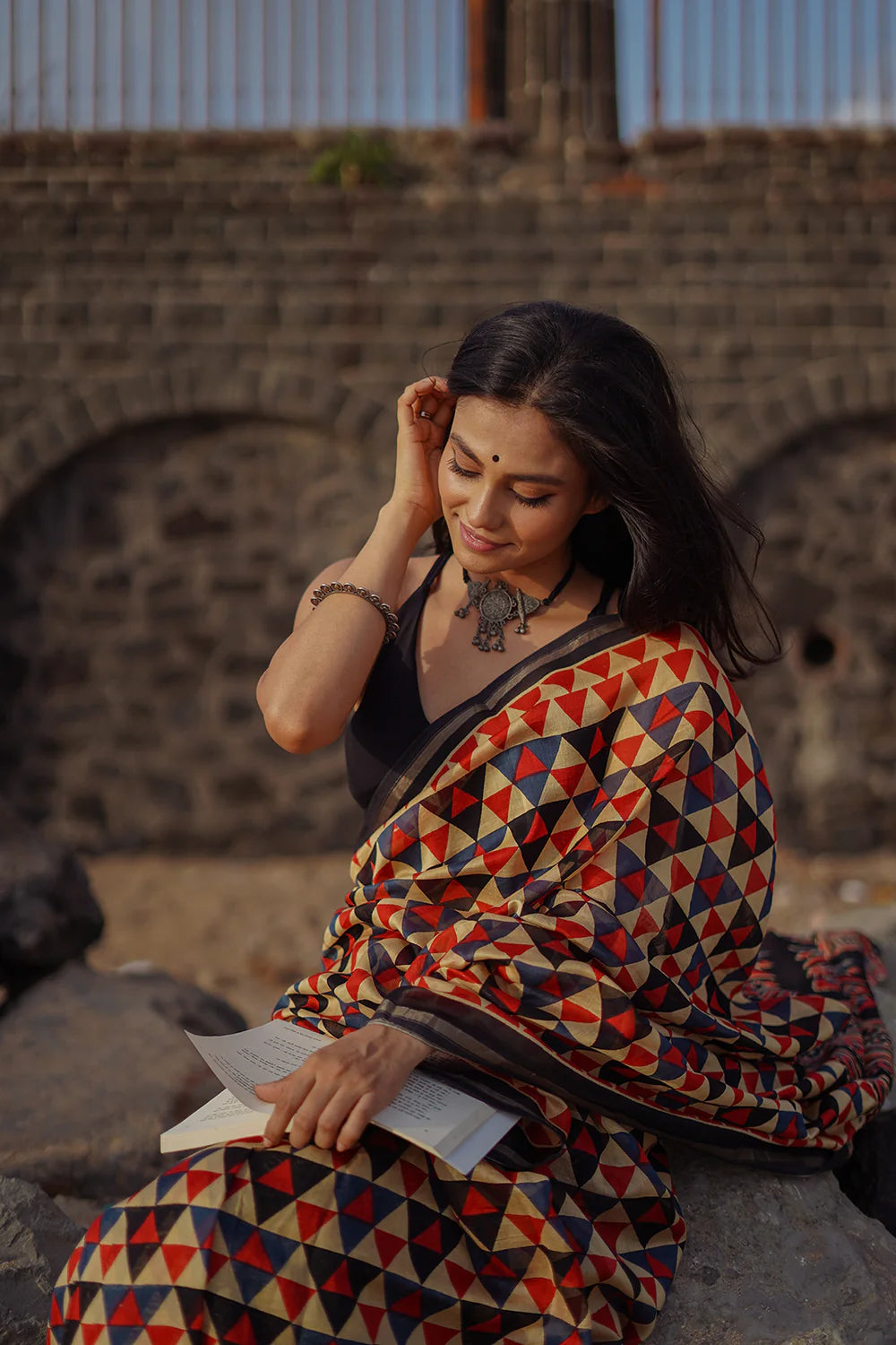 Handloom Black & Red  Triangular Block Print Chanderi Cotton Saree