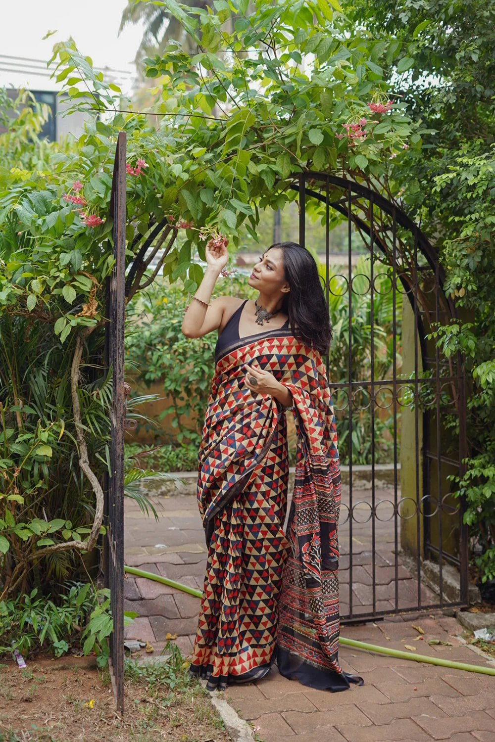 Handloom Black & Red  Triangular Block Print Chanderi Cotton Saree