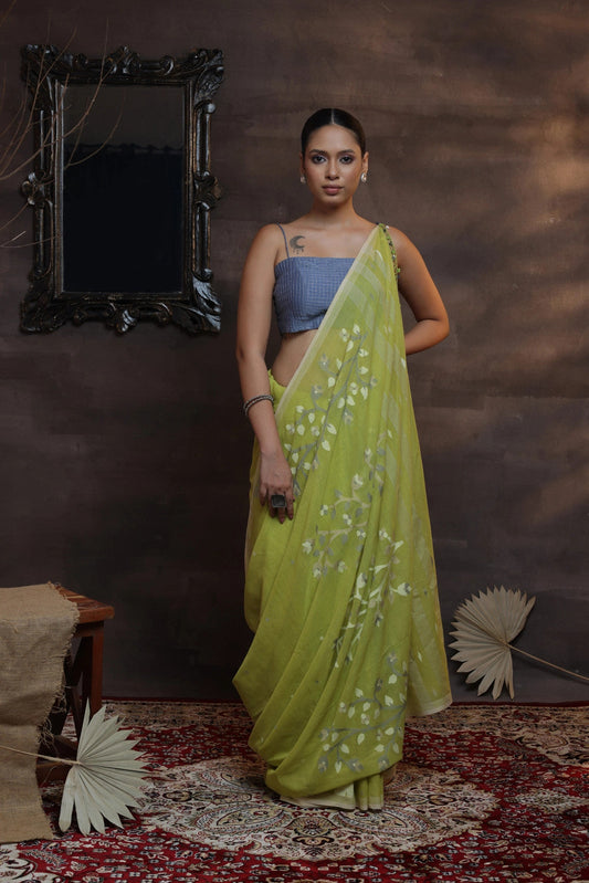 Handloom Parrot Green Soft Cotton Jamdani