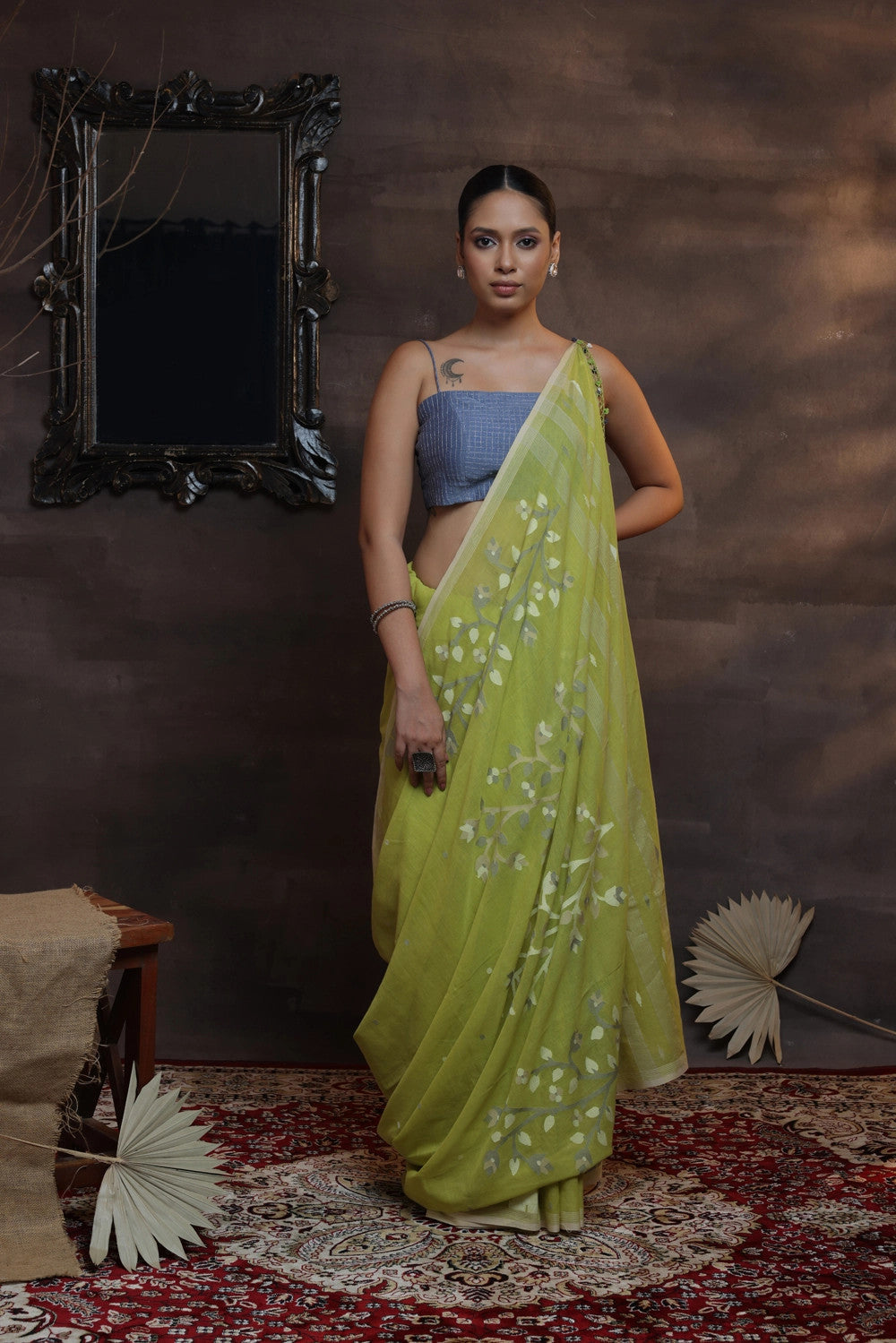 Handloom Parrot Green Soft Cotton Jamdani