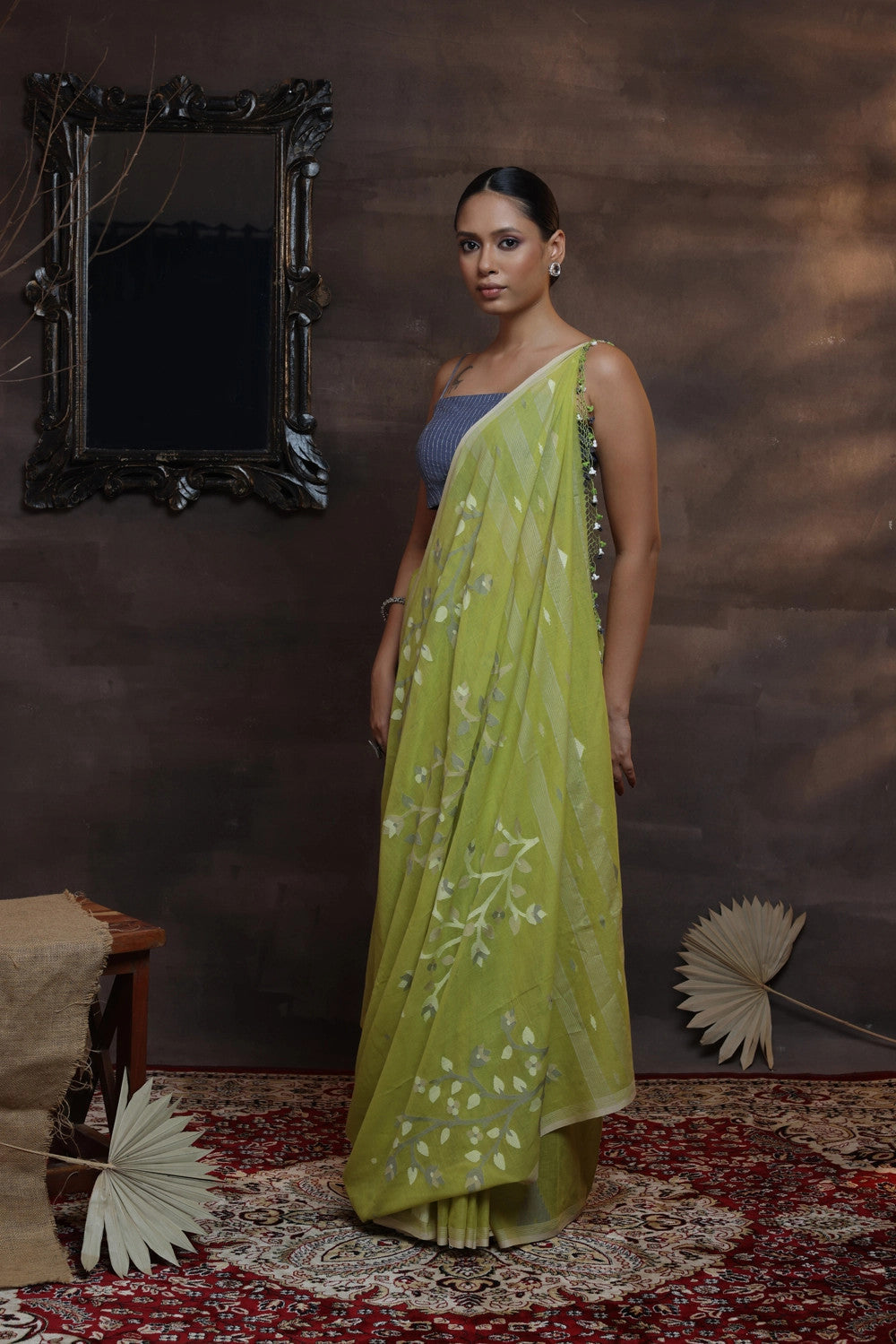 Handloom Parrot Green Soft Cotton Jamdani