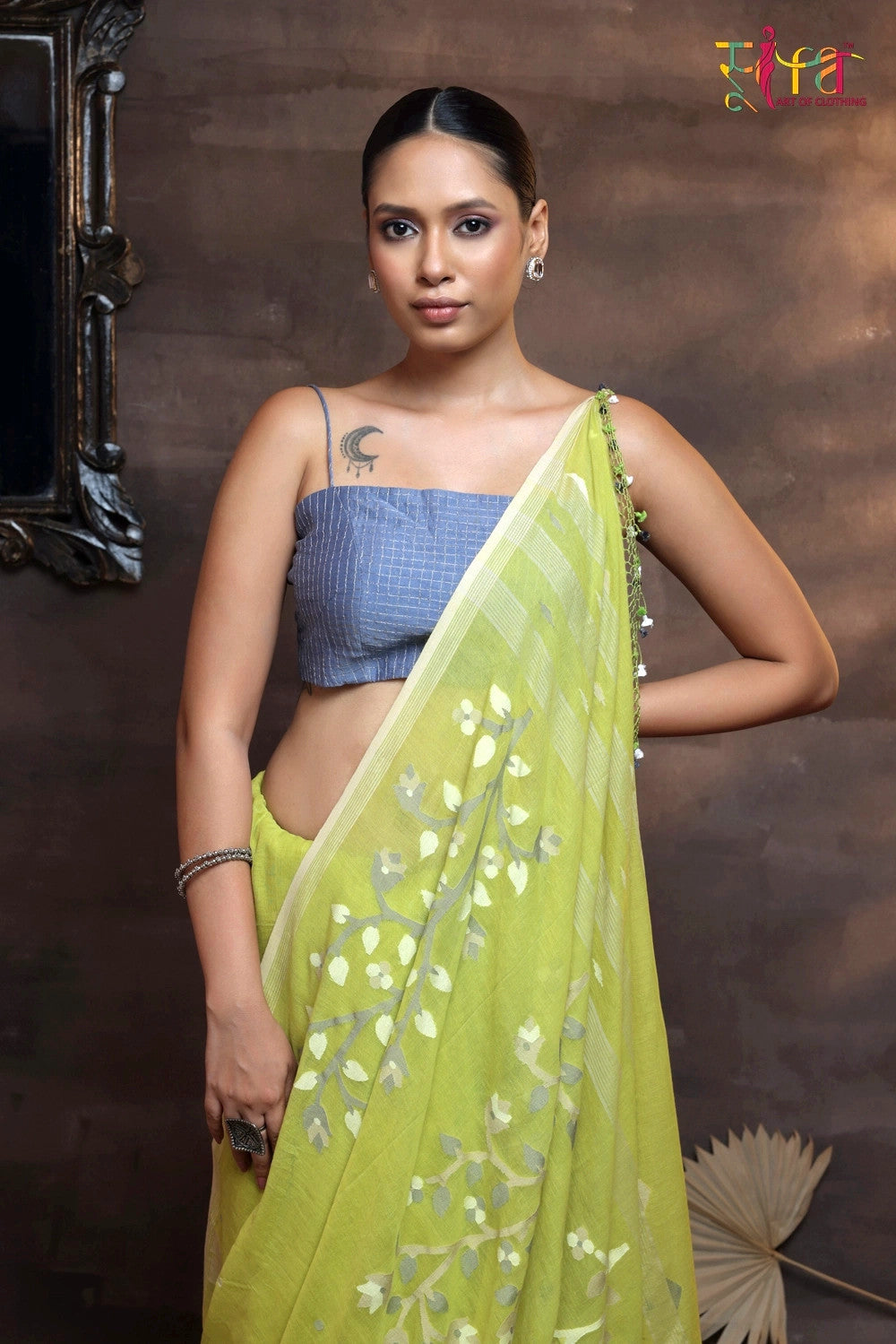 Handloom Parrot Green Soft Cotton Jamdani