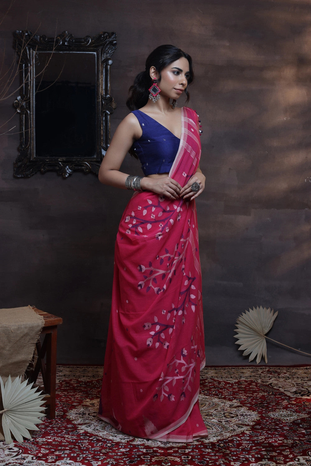 Handloom Magenta Soft Cotton Jamdani Saree