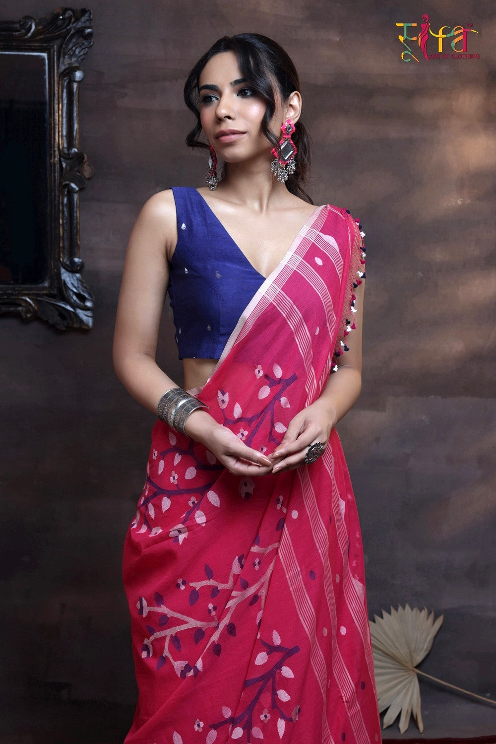 Handloom Magenta Soft Cotton Jamdani Saree