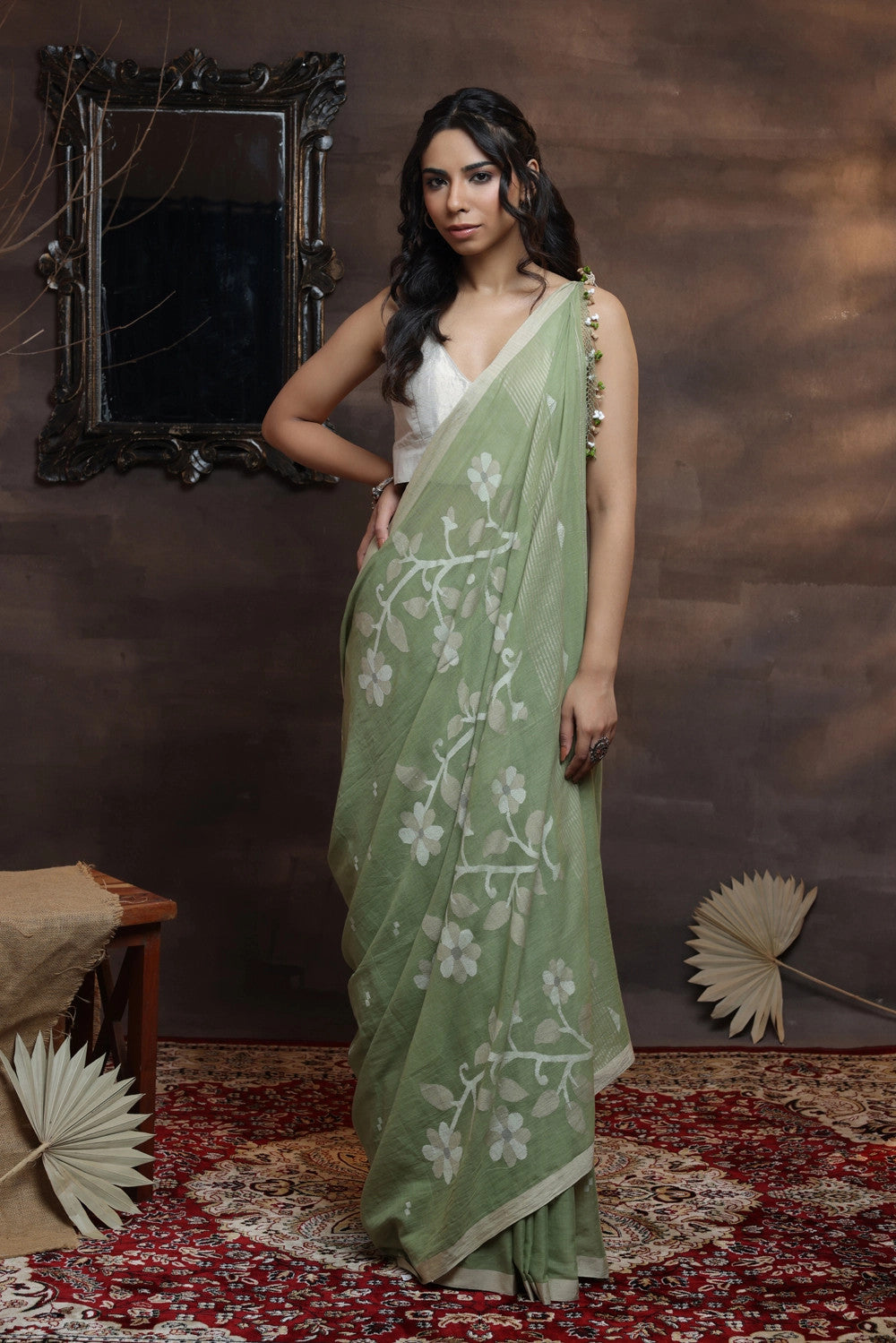 Handloom Sage Green Soft Cotton Jamdani Saree