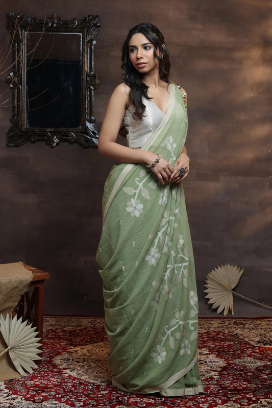 Handloom Sage Green Soft Cotton Jamdani Saree